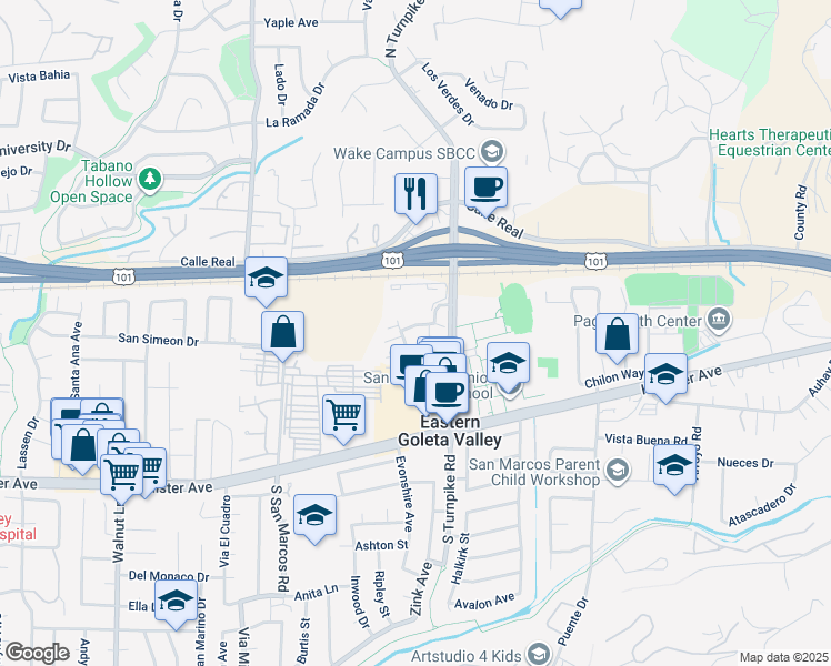 map of restaurants, bars, coffee shops, grocery stores, and more near 179 San Angelo in Goleta