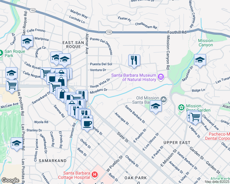 map of restaurants, bars, coffee shops, grocery stores, and more near 2767 Miradero Drive in Santa Barbara