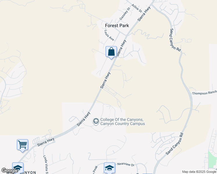 map of restaurants, bars, coffee shops, grocery stores, and more near 16946 Sierra Highway in Los Angeles County