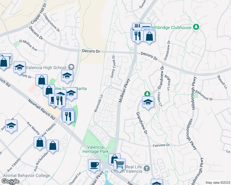 map of restaurants, bars, coffee shops, grocery stores, and more near 24052 Cottage Circle Drive in Santa Clarita