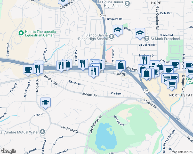 map of restaurants, bars, coffee shops, grocery stores, and more near 4147 State Street in Santa Barbara