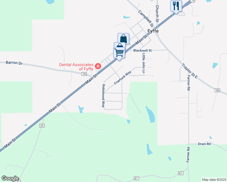 map of restaurants, bars, coffee shops, grocery stores, and more near 77 Nottingham Lane in Fyffe
