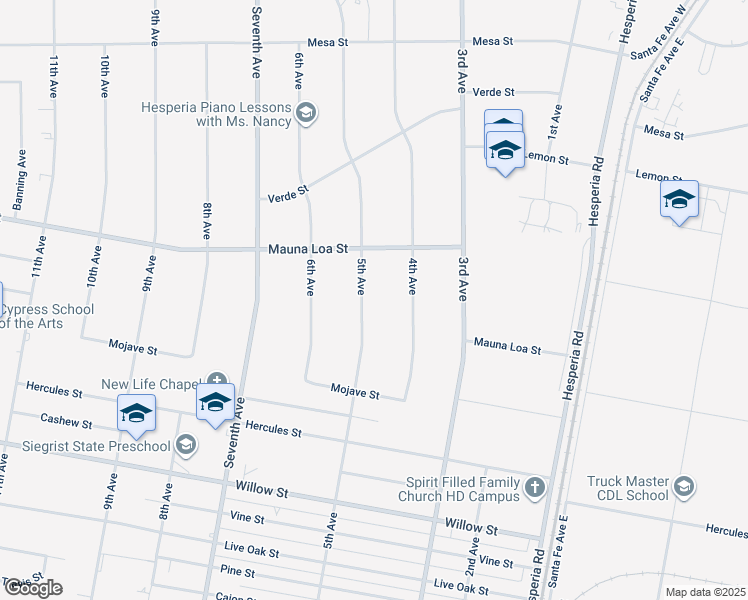 map of restaurants, bars, coffee shops, grocery stores, and more near 10399 5th Avenue in Hesperia