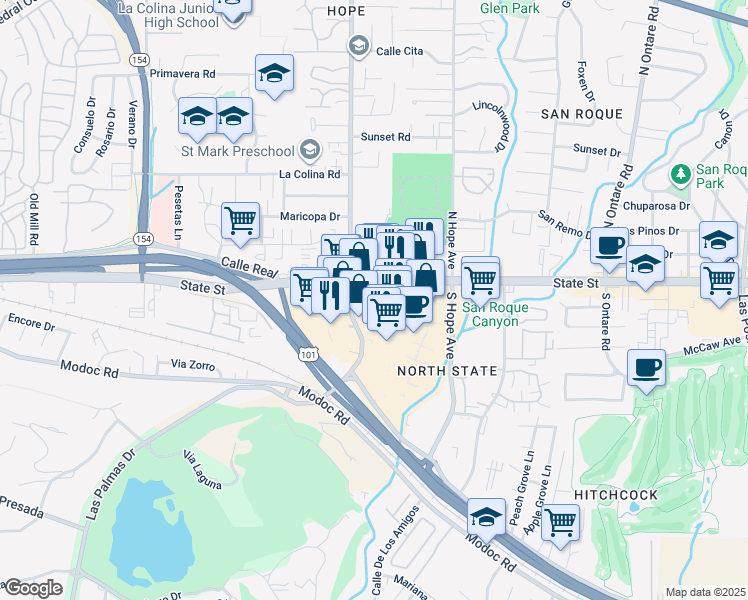 map of restaurants, bars, coffee shops, grocery stores, and more near 3885 State Street in Santa Barbara