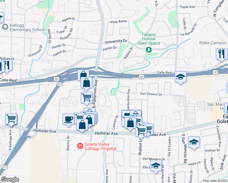 map of restaurants, bars, coffee shops, grocery stores, and more near 57 Lassen Drive in Goleta