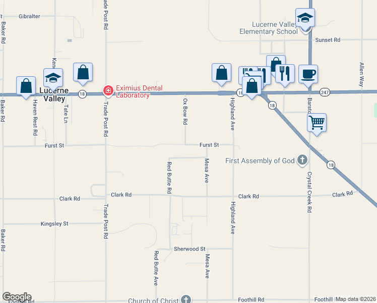 map of restaurants, bars, coffee shops, grocery stores, and more near 32453 Furst Street in Lucerne Valley