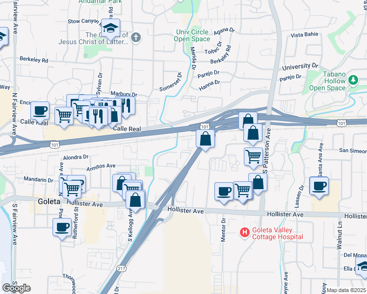 map of restaurants, bars, coffee shops, grocery stores, and more near 35 Dearborn Place in Goleta