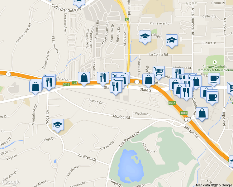 map of restaurants, bars, coffee shops, grocery stores, and more near 4147 State Street in Santa Barbara