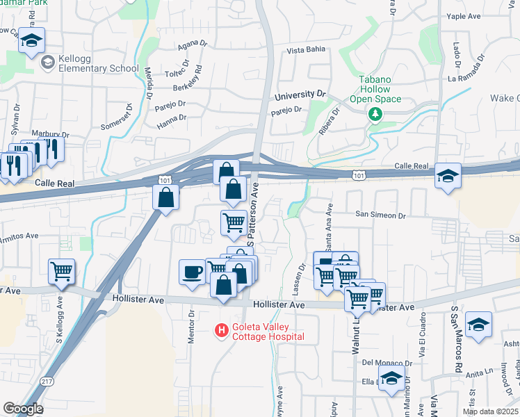map of restaurants, bars, coffee shops, grocery stores, and more near 2 Overpass Road in Goleta