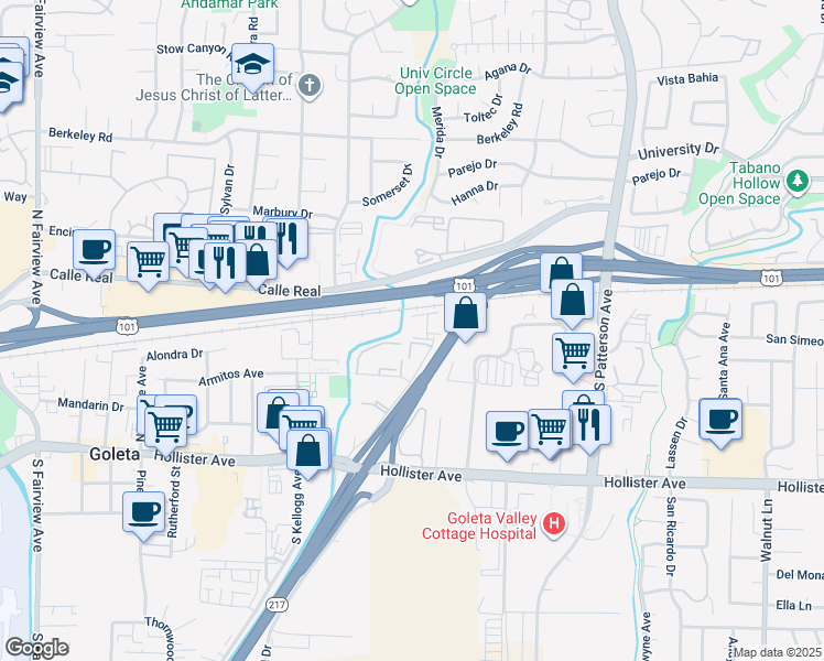 map of restaurants, bars, coffee shops, grocery stores, and more near 35 Dearborn Place in Goleta