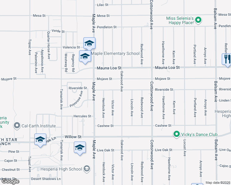 map of restaurants, bars, coffee shops, grocery stores, and more near 10421 Victor Avenue in Hesperia