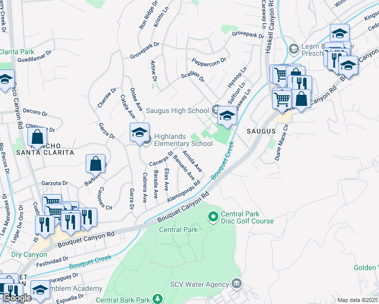 map of restaurants, bars, coffee shops, grocery stores, and more near 27418 Arriola Avenue in Santa Clarita