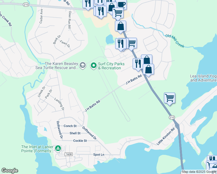 map of restaurants, bars, coffee shops, grocery stores, and more near 108 James Avenue in Surf City
