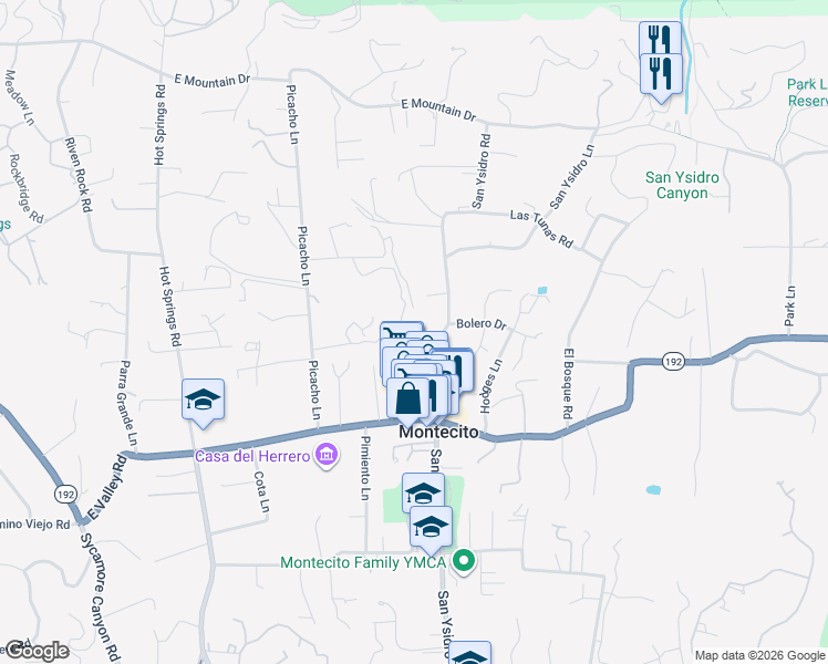 map of restaurants, bars, coffee shops, grocery stores, and more near 595 San Ysidro Road in Montecito