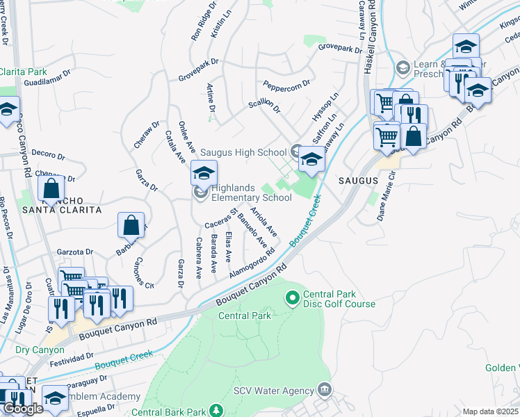 map of restaurants, bars, coffee shops, grocery stores, and more near 27418 Arriola Avenue in Santa Clarita