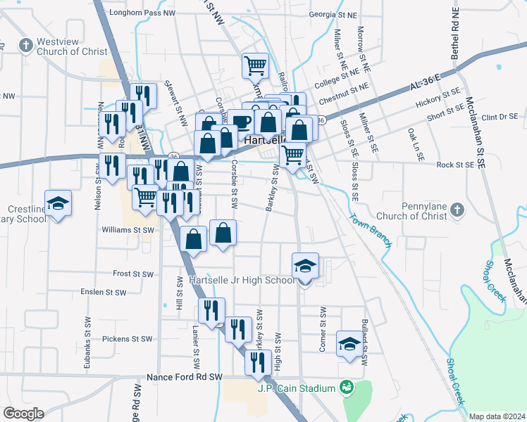 map of restaurants, bars, coffee shops, grocery stores, and more near 701 Barkley Street Southwest in Hartselle