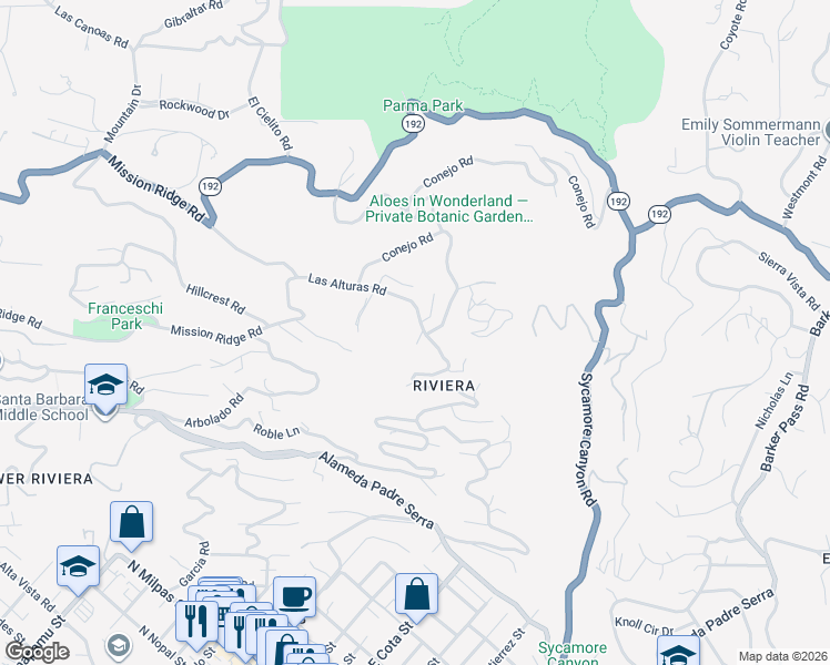 map of restaurants, bars, coffee shops, grocery stores, and more near 1029 Las Alturas Road in Santa Barbara