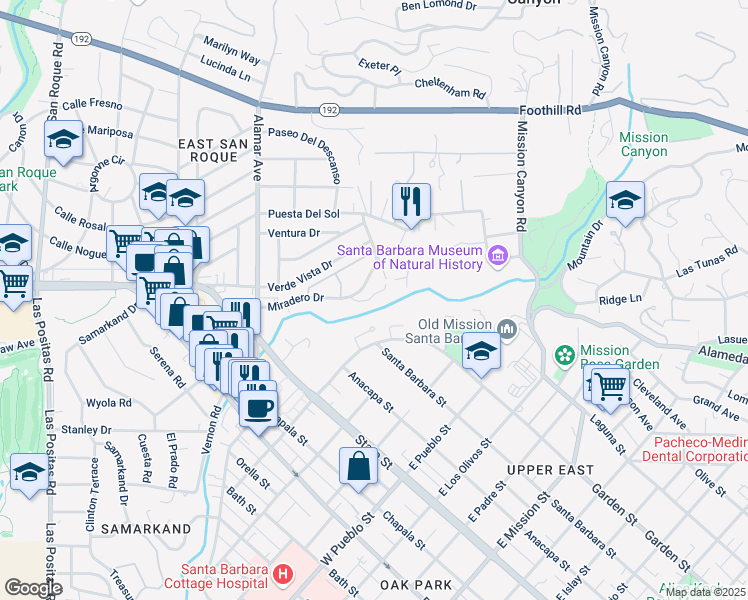 map of restaurants, bars, coffee shops, grocery stores, and more near 2731 Miradero Drive in Santa Barbara