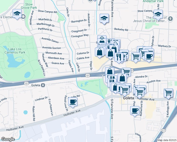 map of restaurants, bars, coffee shops, grocery stores, and more near 6144 Calle Real in Goleta