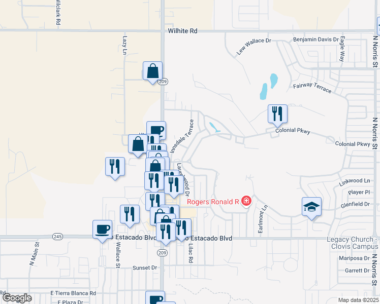 map of restaurants, bars, coffee shops, grocery stores, and more near 1012 Colonial Parkway in Clovis