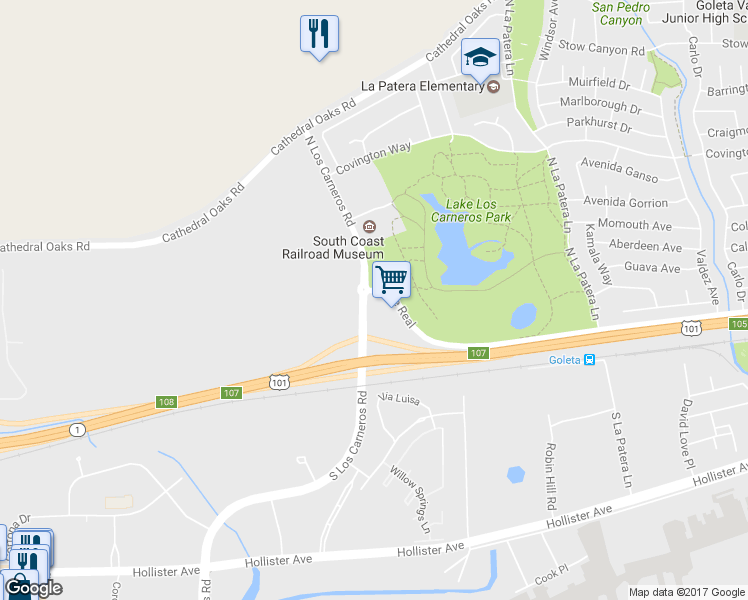 map of restaurants, bars, coffee shops, grocery stores, and more near 6491 Calle Real in Goleta