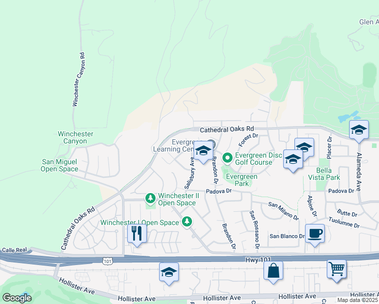map of restaurants, bars, coffee shops, grocery stores, and more near 7705 Evergreen Drive in Goleta