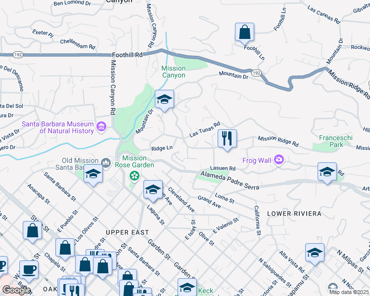 map of restaurants, bars, coffee shops, grocery stores, and more near 2039 Mission Ridge Road in Santa Barbara