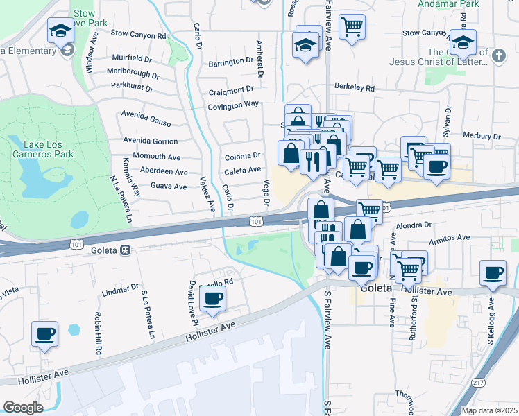 map of restaurants, bars, coffee shops, grocery stores, and more near 6144 Calle Real in Goleta