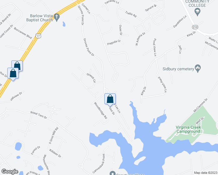 map of restaurants, bars, coffee shops, grocery stores, and more near 523 Groves Point Drive in Hampstead