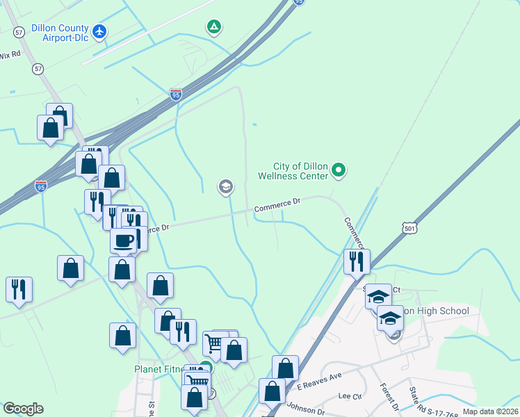 map of restaurants, bars, coffee shops, grocery stores, and more near 1502 Commerce Drive in Dillon
