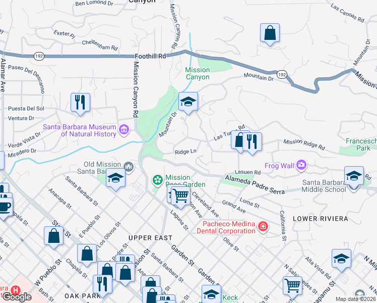 map of restaurants, bars, coffee shops, grocery stores, and more near Ridge Lane in Santa Barbara