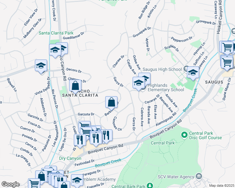 map of restaurants, bars, coffee shops, grocery stores, and more near 22396 Barbacoa Drive in Santa Clarita