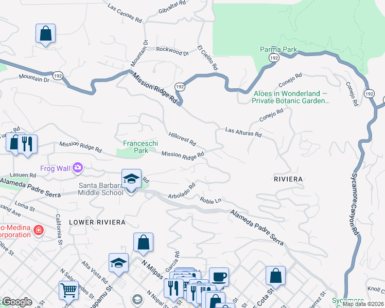 map of restaurants, bars, coffee shops, grocery stores, and more near 1320 Mission Ridge Road in Santa Barbara