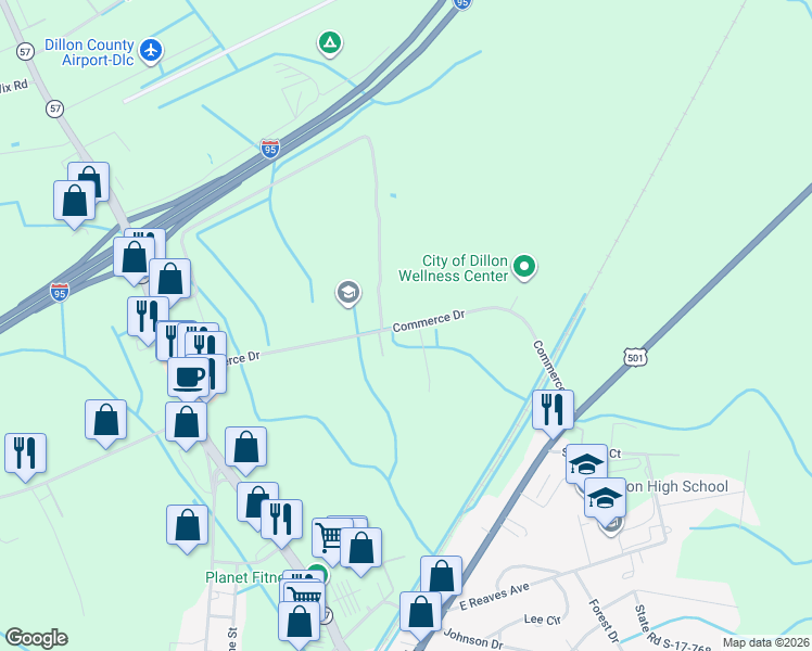 map of restaurants, bars, coffee shops, grocery stores, and more near 1502 Commerce Drive in Dillon