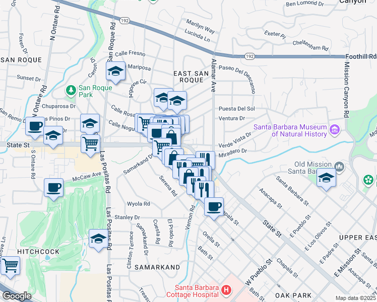 map of restaurants, bars, coffee shops, grocery stores, and more near 2953 State Street in Santa Barbara