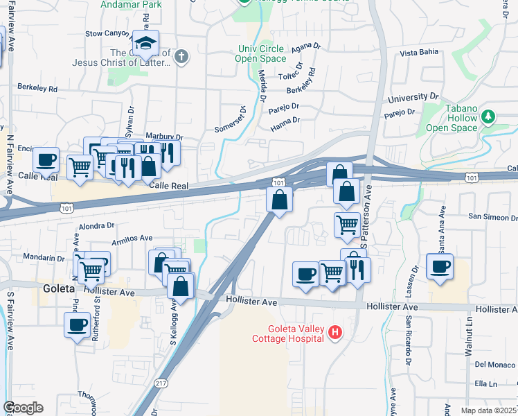 map of restaurants, bars, coffee shops, grocery stores, and more near 35 Dearborn Place in Goleta