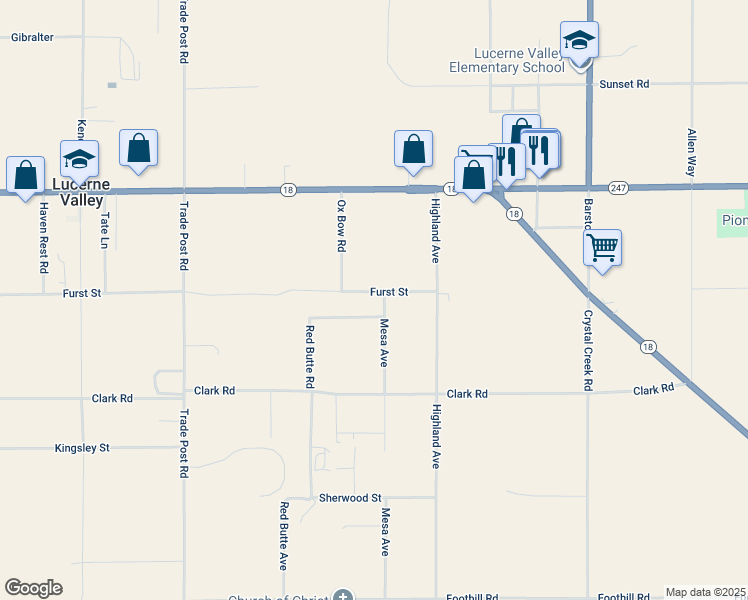 map of restaurants, bars, coffee shops, grocery stores, and more near 32489 Furst Street in Lucerne Valley
