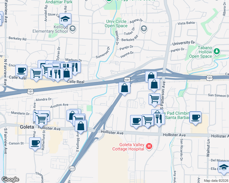map of restaurants, bars, coffee shops, grocery stores, and more near 35 Dearborn Place in Goleta