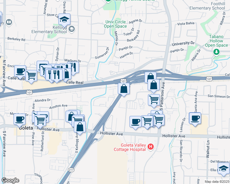 map of restaurants, bars, coffee shops, grocery stores, and more near 35 Dearborn Place in Goleta