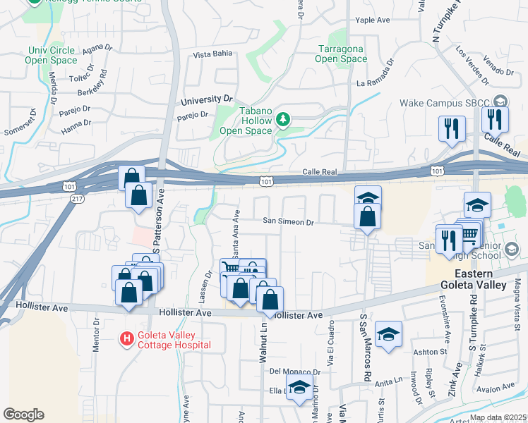 map of restaurants, bars, coffee shops, grocery stores, and more near 12 San Dimas Avenue in Santa Barbara