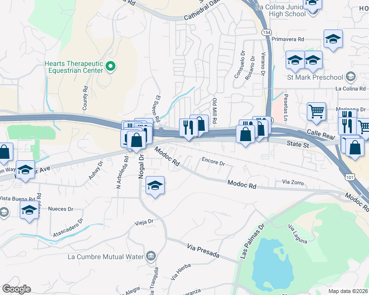 map of restaurants, bars, coffee shops, grocery stores, and more near 4363 State Street in Santa Barbara