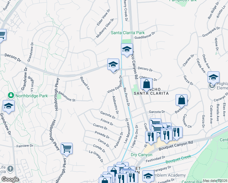 map of restaurants, bars, coffee shops, grocery stores, and more near 27094 Alabastro Drive in Santa Clarita