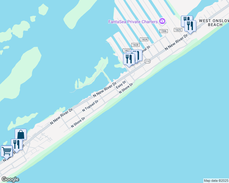 map of restaurants, bars, coffee shops, grocery stores, and more near 1424 North Topsail Drive in Surf City