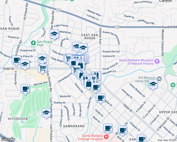map of restaurants, bars, coffee shops, grocery stores, and more near 2953 State Street in Santa Barbara