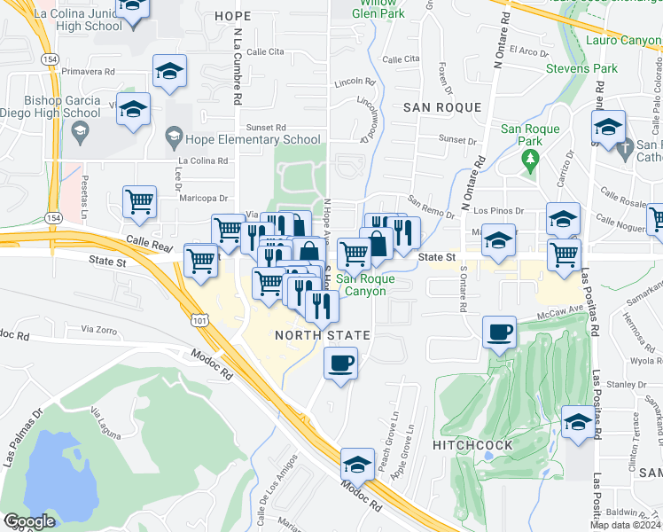 map of restaurants, bars, coffee shops, grocery stores, and more near 3791 State Street in Santa Barbara