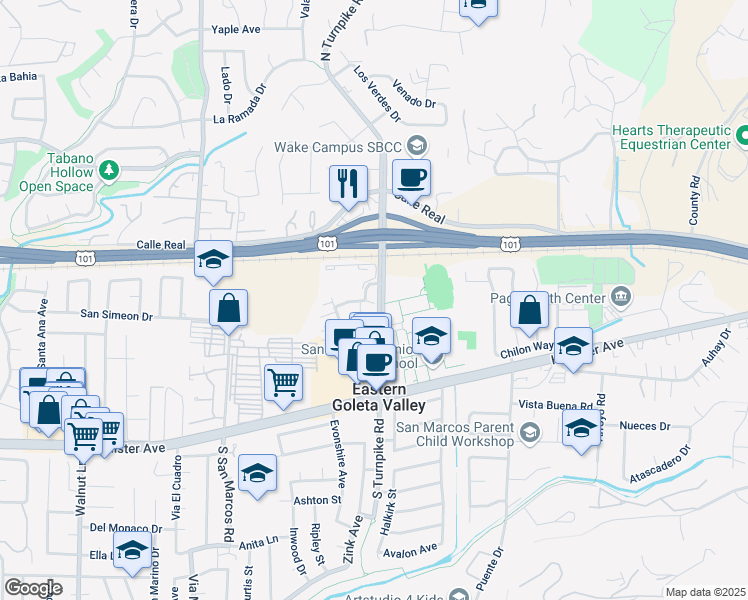 map of restaurants, bars, coffee shops, grocery stores, and more near 162 Camino De Vida in Santa Barbara