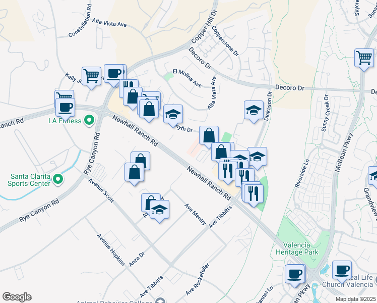 map of restaurants, bars, coffee shops, grocery stores, and more near 27875 Smyth Drive in Santa Clarita