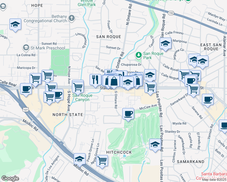 map of restaurants, bars, coffee shops, grocery stores, and more near 3605 State Street in Santa Barbara