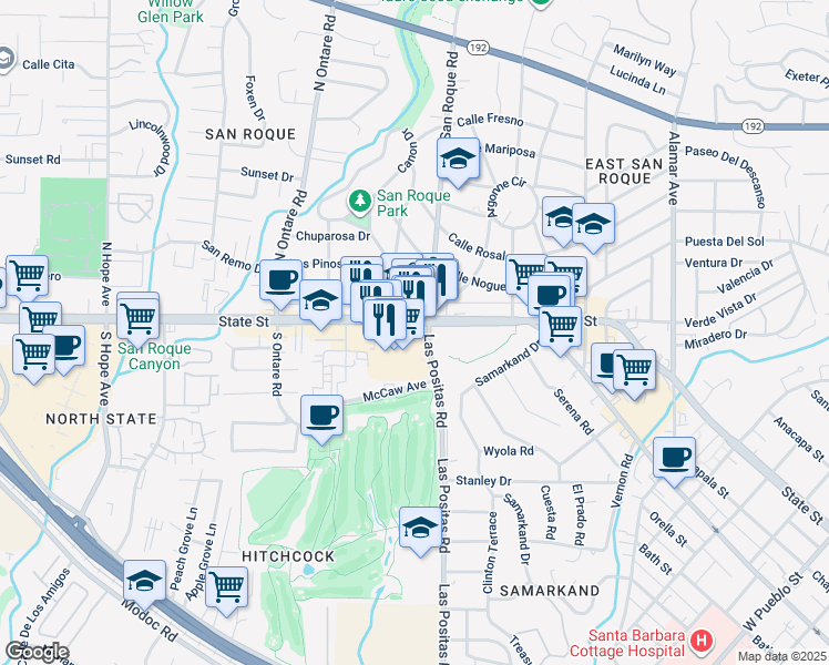 map of restaurants, bars, coffee shops, grocery stores, and more near 3301 State Street in Santa Barbara