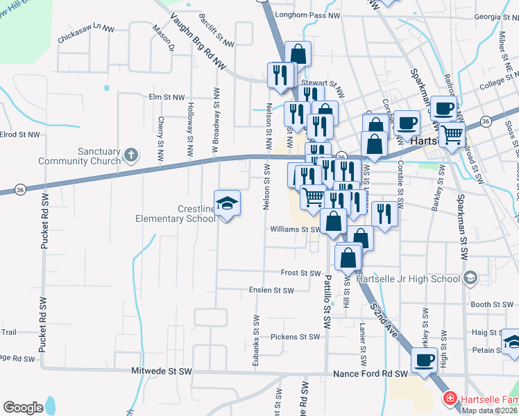 map of restaurants, bars, coffee shops, grocery stores, and more near 505 Nelson Street Northwest in Hartselle